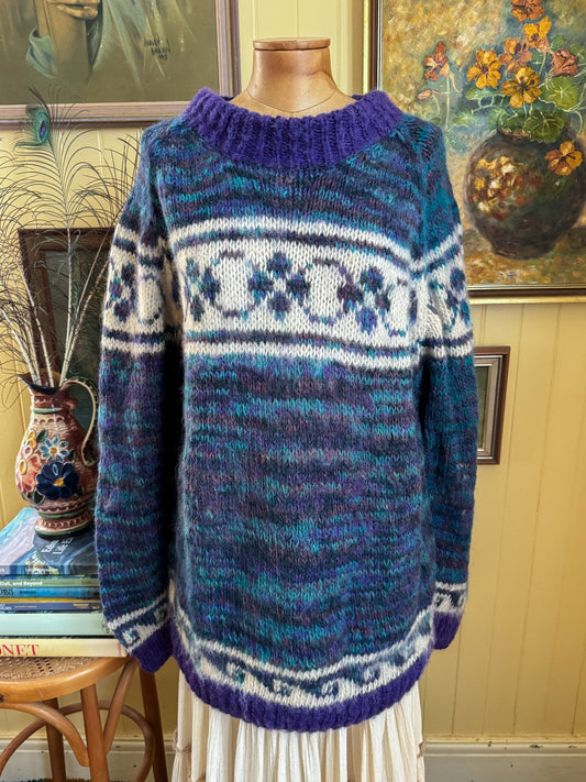 VINTAGE HANDMADE ALPACA WOOL MOTIF CHUNKY KNIT JUMPER L/XL