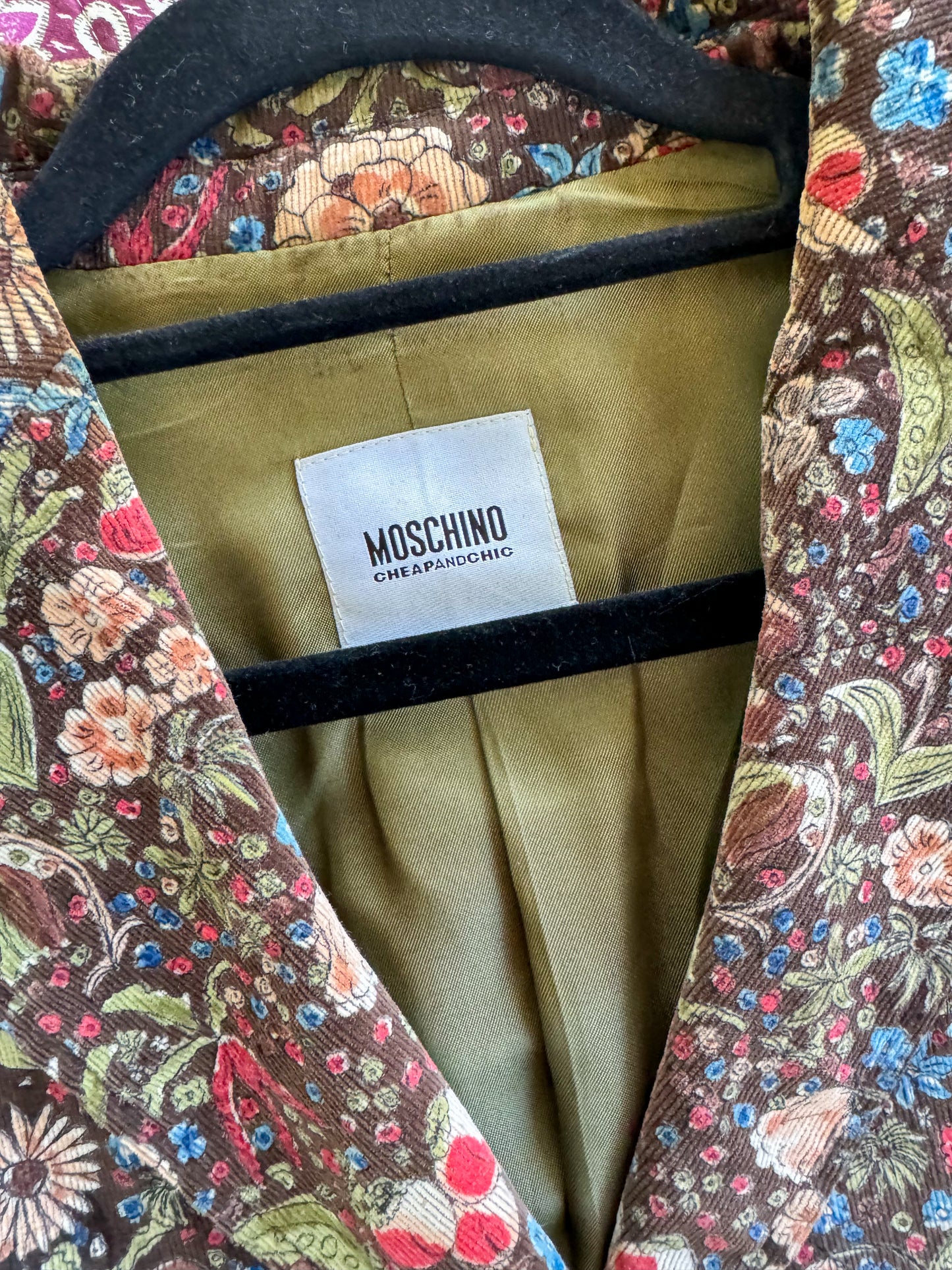 VINTAGE 1990S MOSCHINO CHEAP AND CHIC FLORAL PRINT CORDUROY BLAZER JACKET S/M