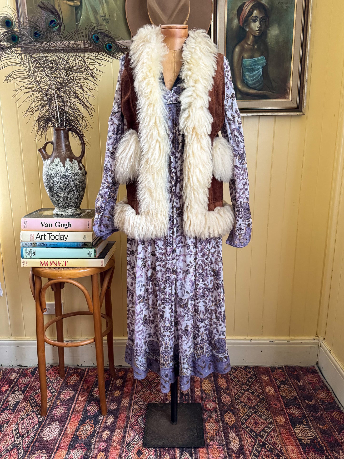 VINTAGE 1970S INDIAN COTTON GAUZE BLOCK PRINT MIDI DRESS S/M