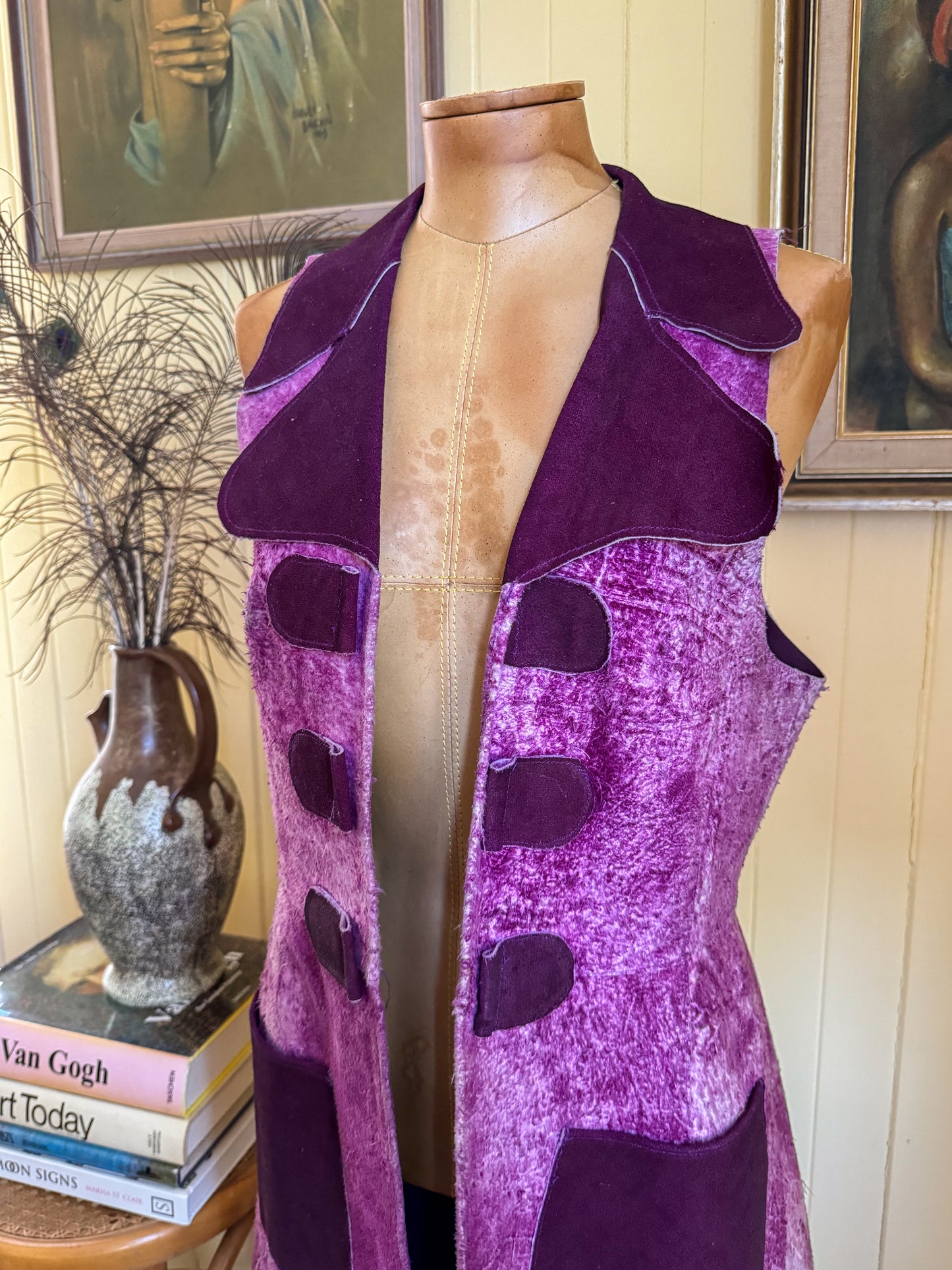 VINTAGE 1970S PURPLE ACID WASH SUEDE LEATHER MAXI WAISTCOAT VEST S