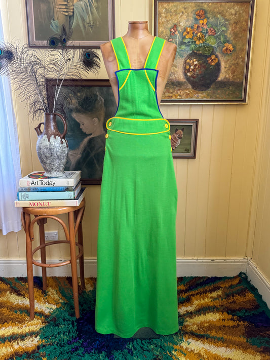 VINTAGE 1970S DARLING OF MELBOURNE ACRYLIC LIME GREEN PINAFORE MAXI DRESS S