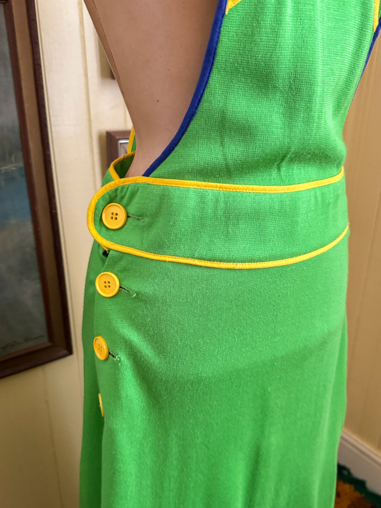 VINTAGE 1970S DARLING OF MELBOURNE ACRYLIC LIME GREEN PINAFORE MAXI DRESS S