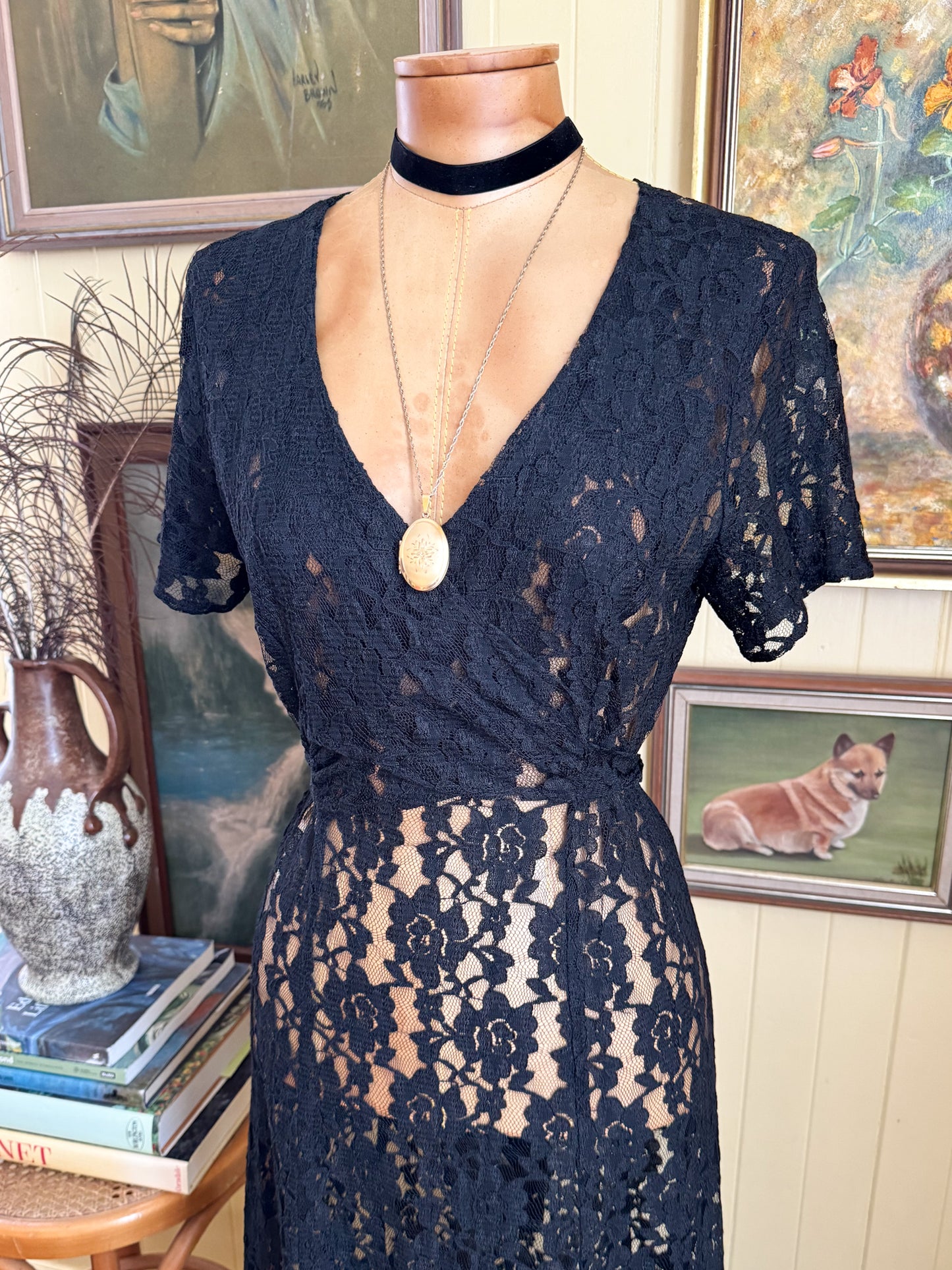 VINTAGE 1990S LOVE LOVE SHEER BLACK LACE WRAP FRONT MAXI DRESS S/M
