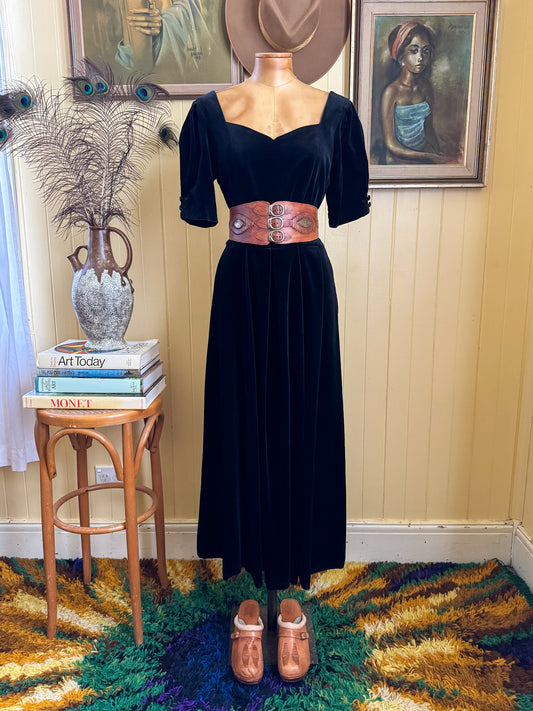 VINTAGE 1980S LAURA ASHLEY BLACK COTTON VISCOSE VELVET DRESS M/L