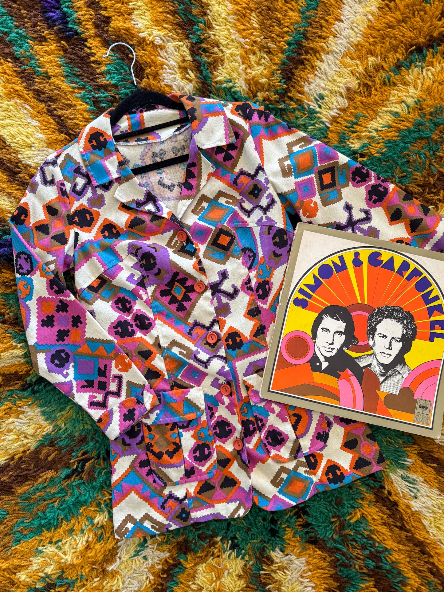 VINTAGE 1970S PSYCHEDELIC GEOMETRIC PRINT FITTED JACKET S