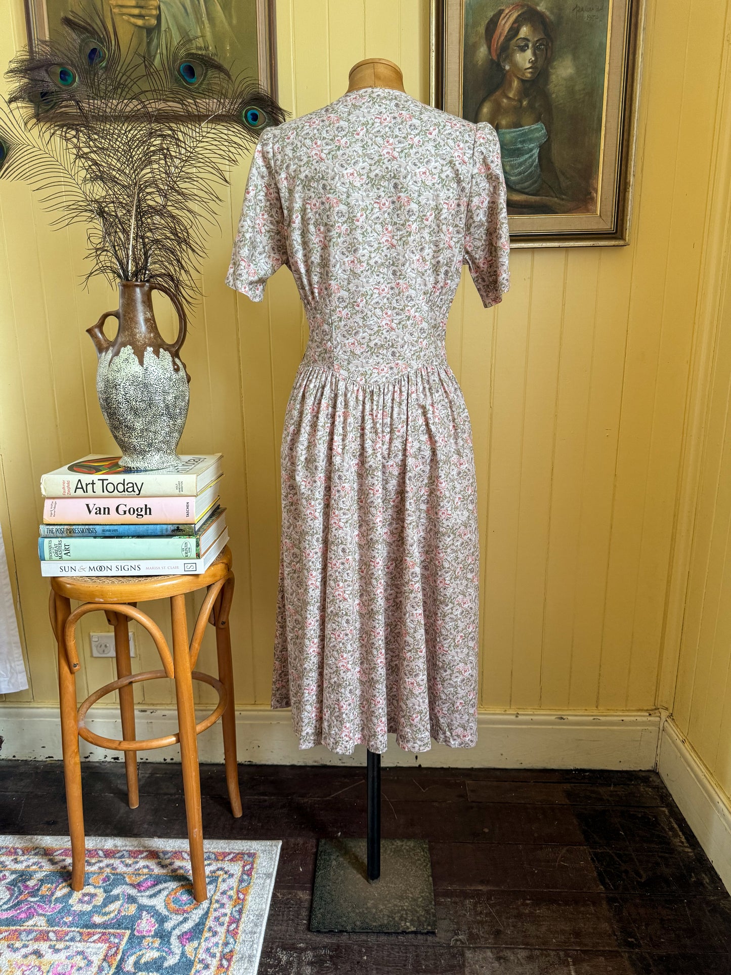 VINTAGE 1980S ENGLISH LAURA ASHLEY COTTON FLORAL PRINT PRAIRIE DRESS S