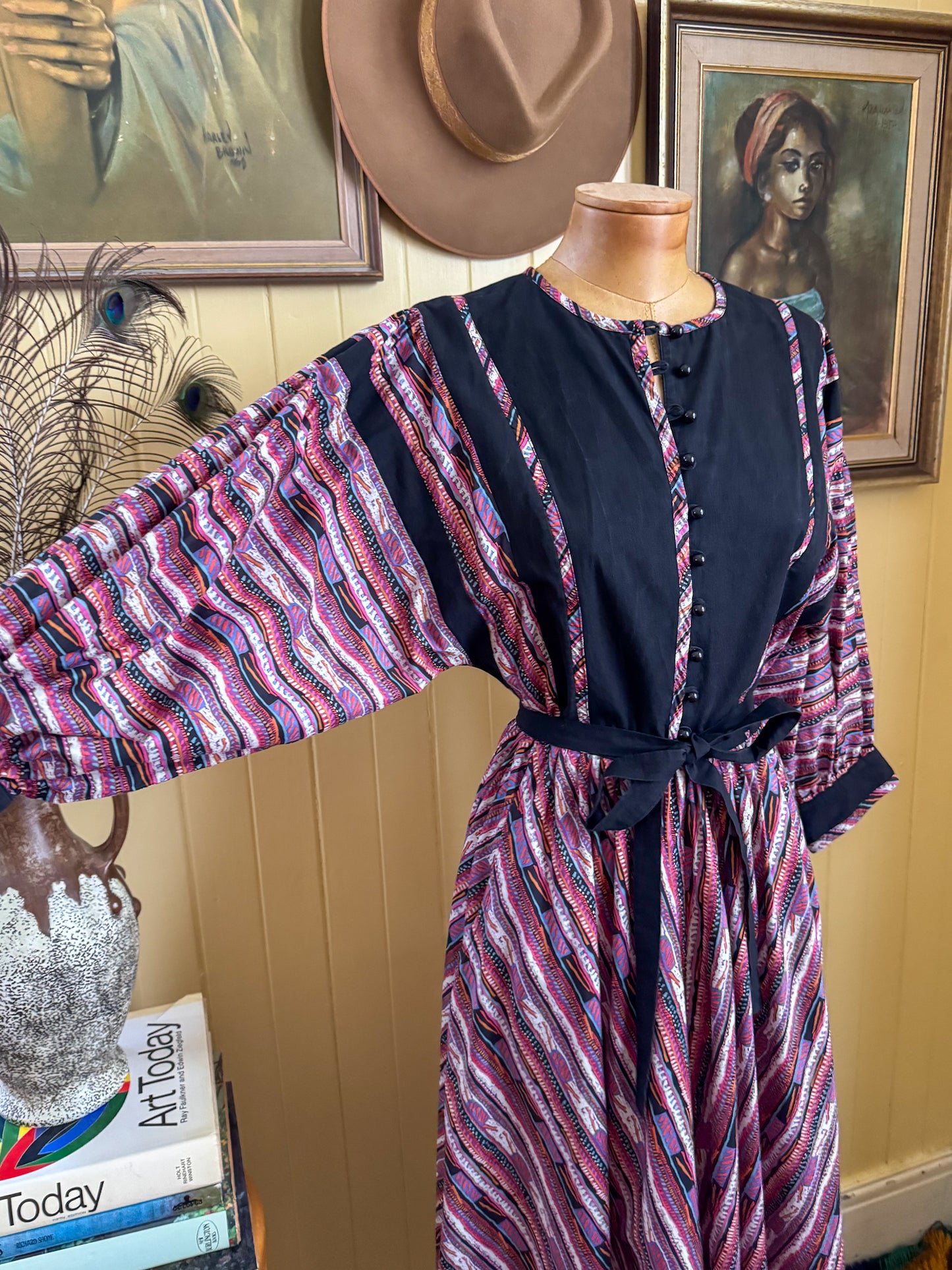 VINTAGE 1970S ORIGIN BY LIBERTY COTTON GEO PRINT BALLOON SLEEVE PRAIRIE DRESS S