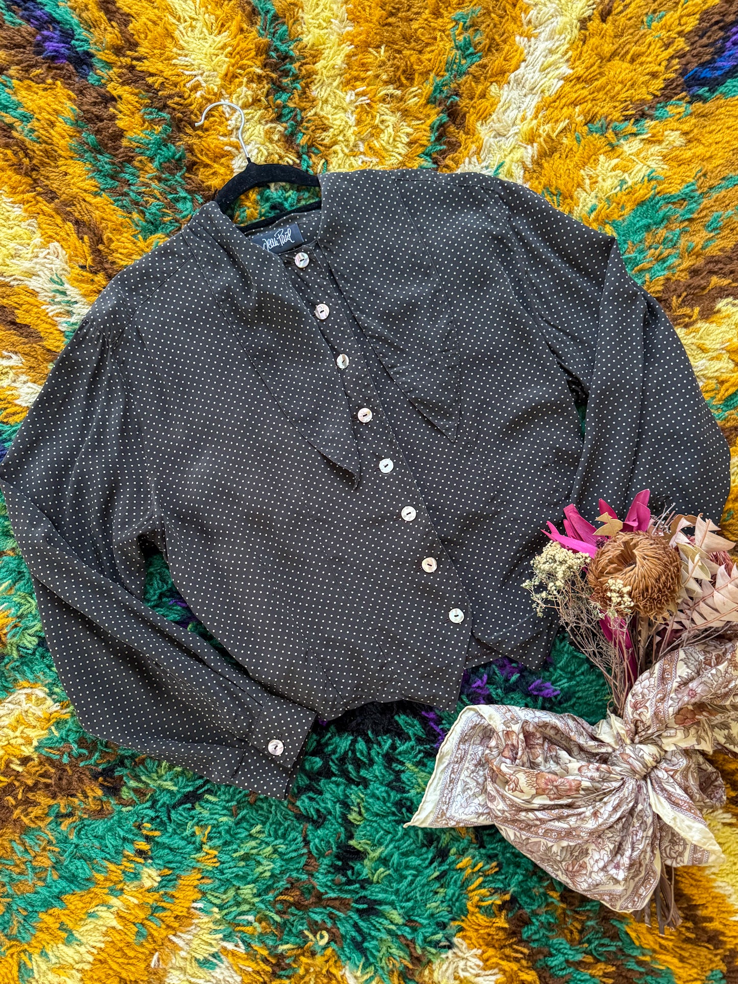 VINTAGE 1990S GERMAN SILK BUTTON THROUGH POLKA DOT BLOUSE M