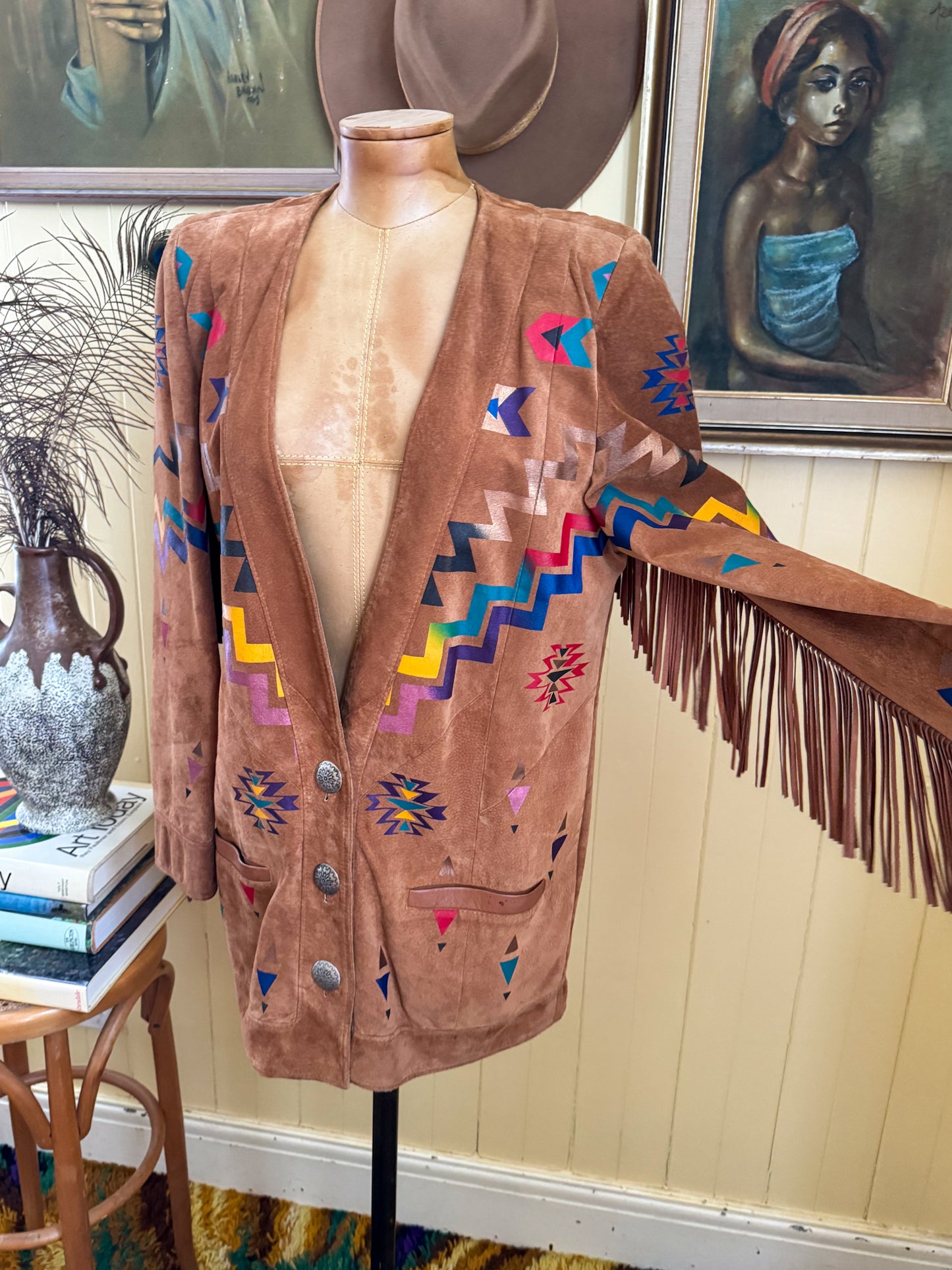 VINTAGE 1980S PANACHE SUEDE FRINGED PAINTED WESTERN JACKET S/M