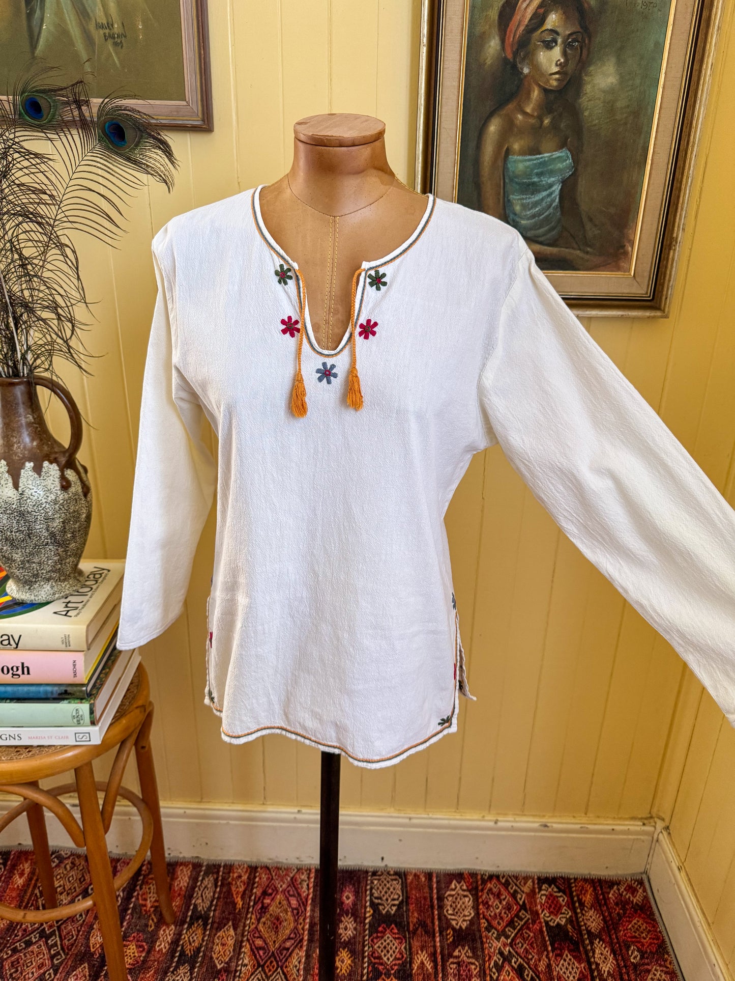 VINTAGE 1990S COTTON EMBROIDERED FOLK BLOUSE XS/S