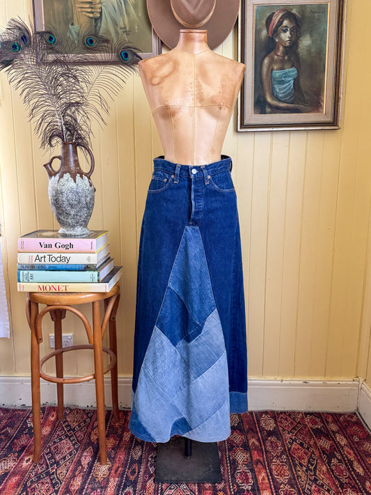 VINTAGE REWORKED LEVI’S COTTON DENIM PATCHWORK MIDI SKIRT S