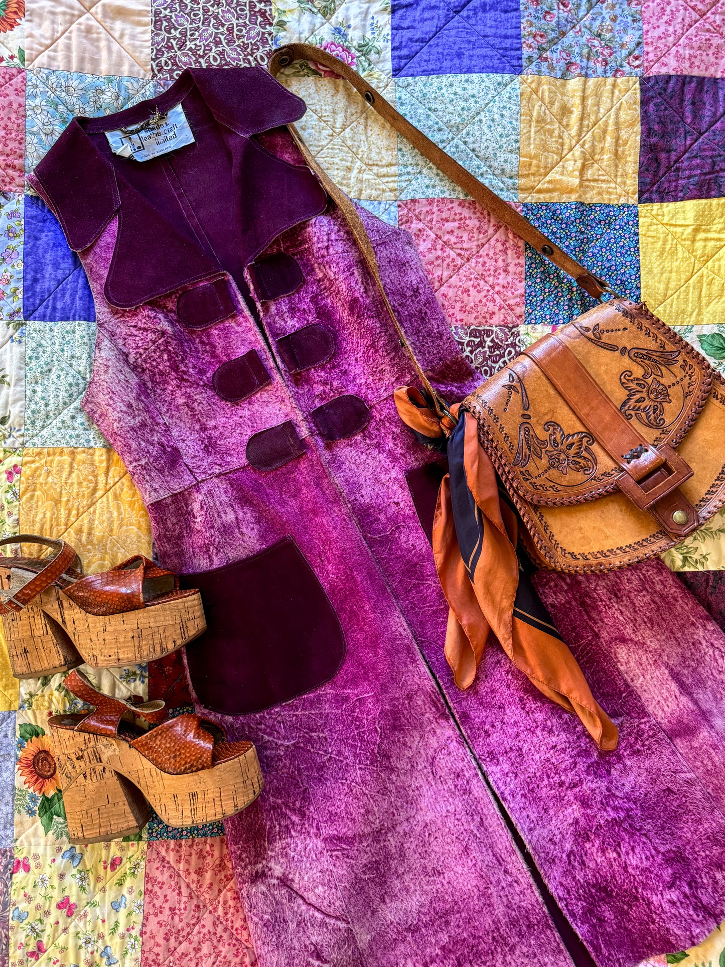 VINTAGE 1970S PURPLE ACID WASH SUEDE LEATHER MAXI WAISTCOAT VEST S