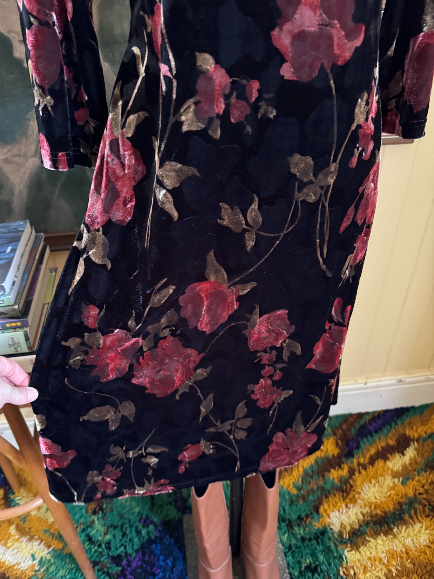 VINTAGE 1990S VELVET FLORAL PRINT BURNOUT RIBBON TRIM MIDI DRESS S/M