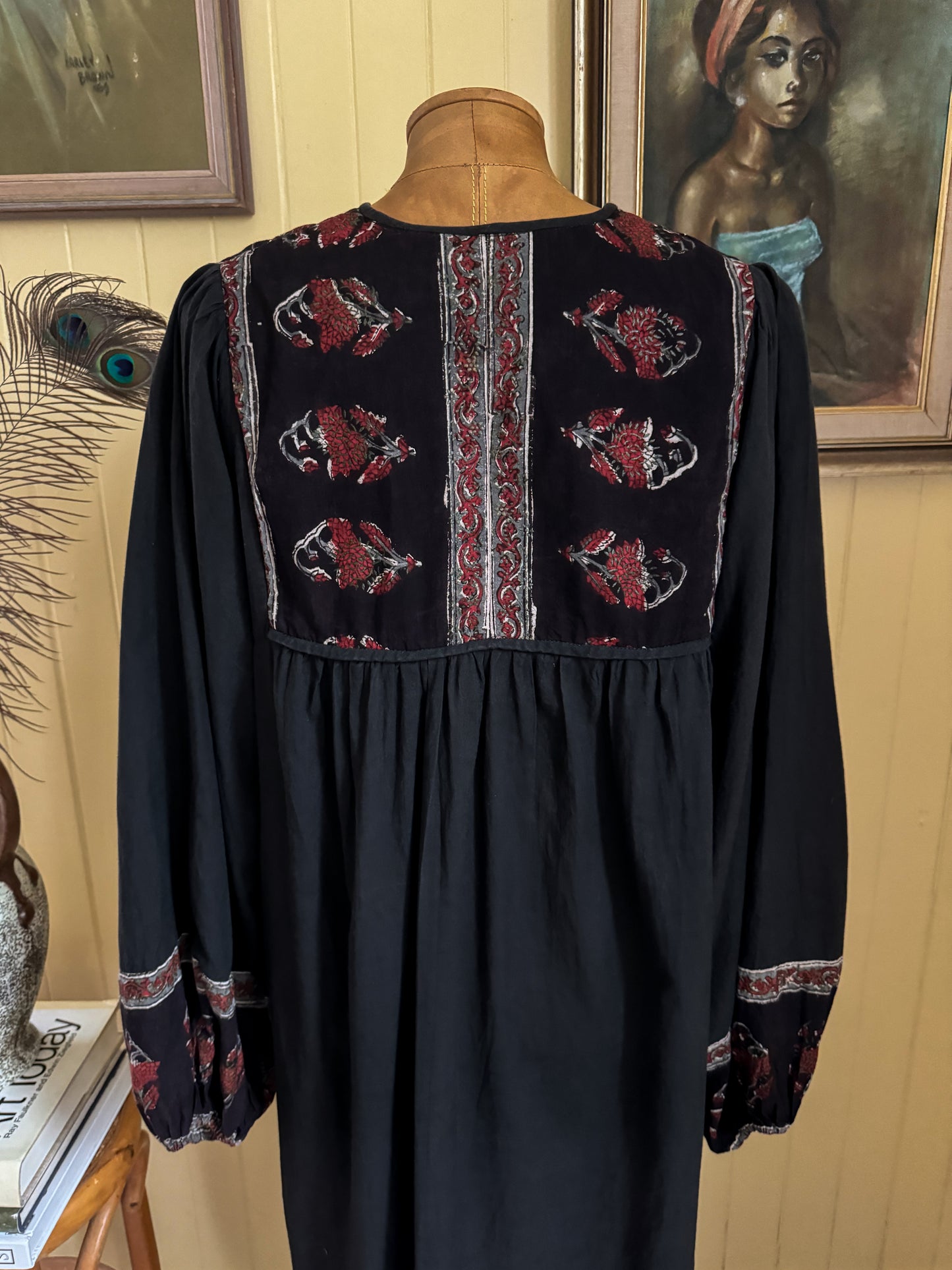 VINTAGE 1970S MEHER INDIAN COTTON BLOCK PRINT MIDI SMOCK DRESS M