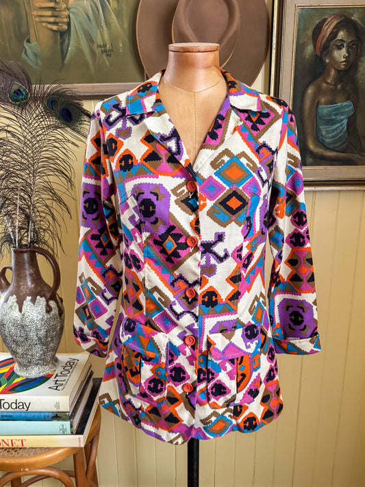 VINTAGE 1970S PSYCHEDELIC GEOMETRIC PRINT FITTED JACKET S