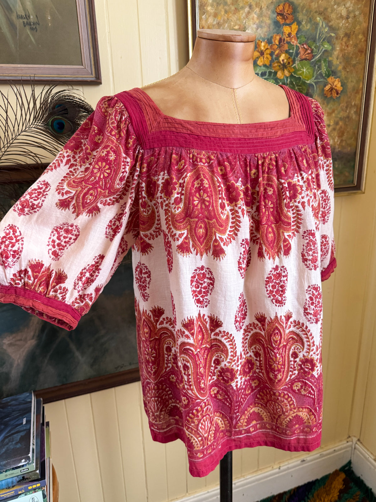 VINTAGE 1970S ANOKHI INDIAN COTTON PAISLEY PRINT PEASANT BLOUSE M