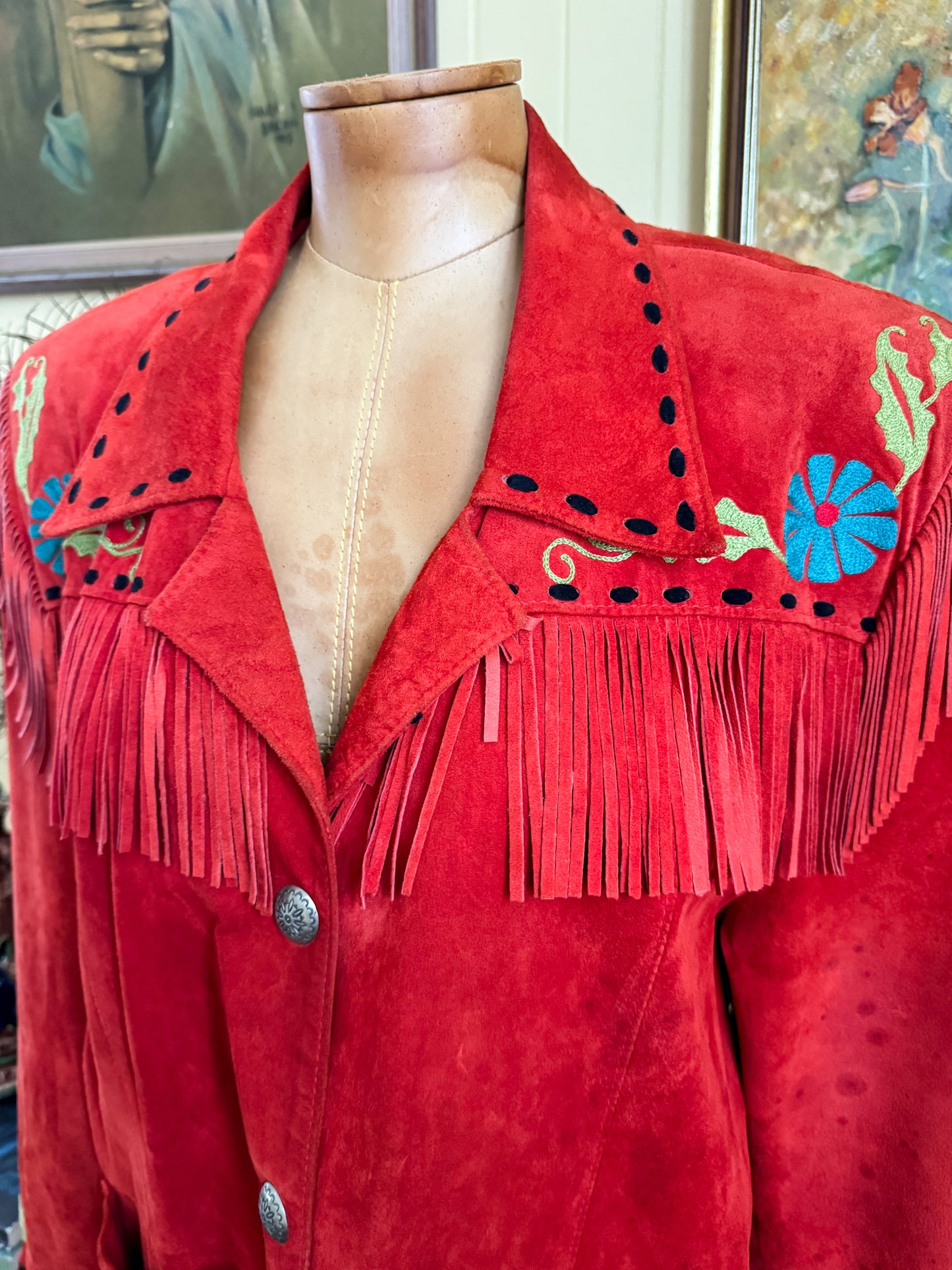 VINTAGE RARE CHAR SANTA FE RED SUEDE FRINGED EMBROIDERED WESTERN JACKET M