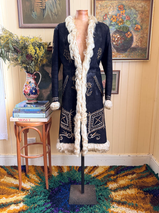 VINTAGE 1960S RARE AFGHAN SUEDE LEATHER MONGOLIAN WOOL PENNY LANE EMBROIDERED LONG COAT S