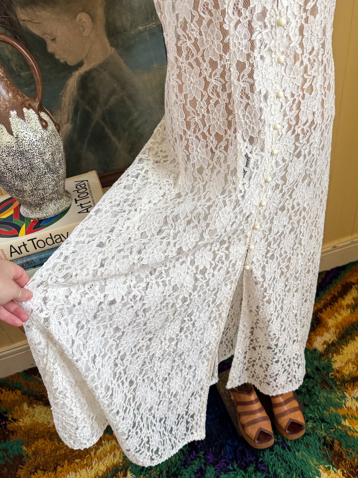 VINTAGE 1990S IVORY LACE SLEEVELESS MAXI DUSTER DRESS S