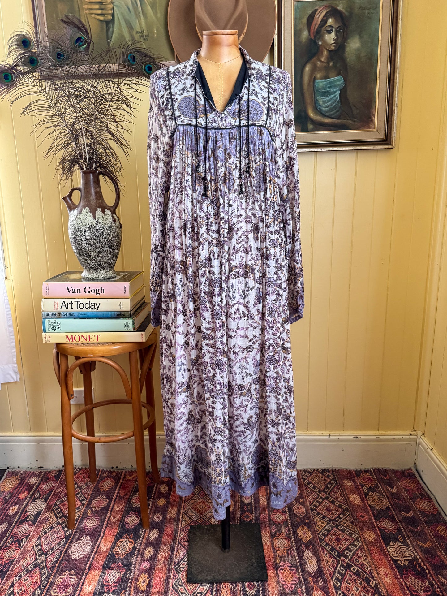 VINTAGE 1970S INDIAN COTTON GAUZE BLOCK PRINT MIDI DRESS S/M