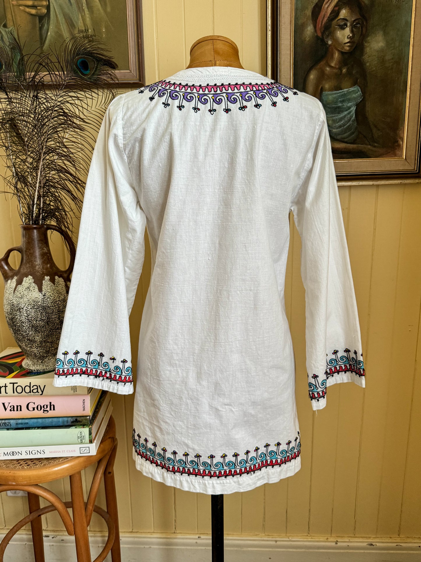 VINTAGE 1970S PAKISTANI COTTON EMBROIDERED TUNIC BLOUSE S