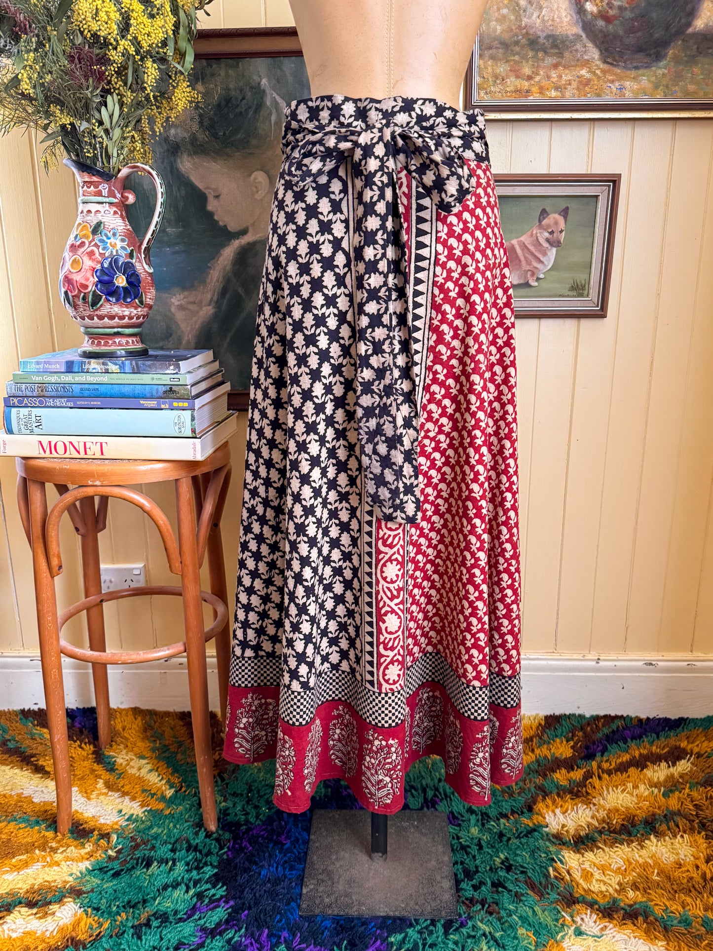 VINTAGE 1970S IVI INDIAN COTTON BLOCK PRINT WRAP MAXI SKIRT M