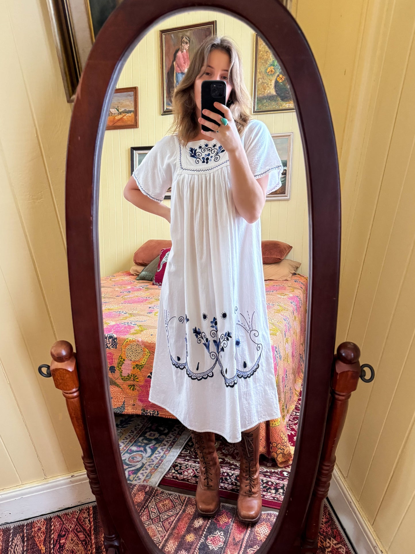 VINTAGE 1980S COTTON EMBROIDERED MIDI PEASANT DRESS M