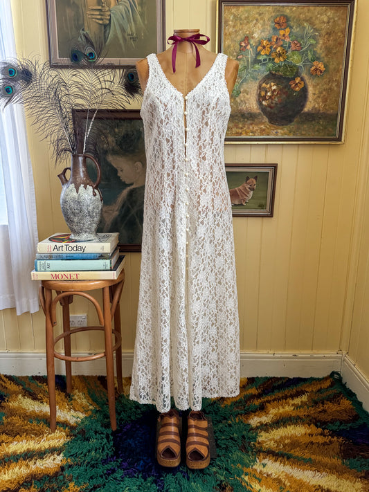 VINTAGE 1990S IVORY LACE SLEEVELESS MAXI DUSTER DRESS S