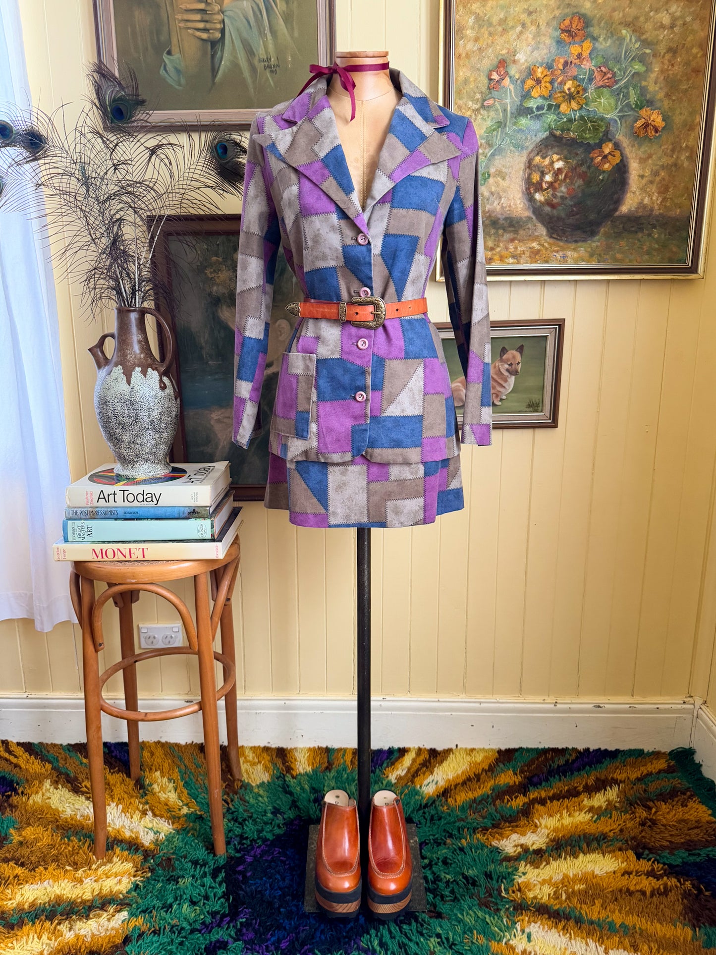 VINTAGE 1970S ACTION PATCHWORK PRINT BLAZER AND MINI SKIRT SET S