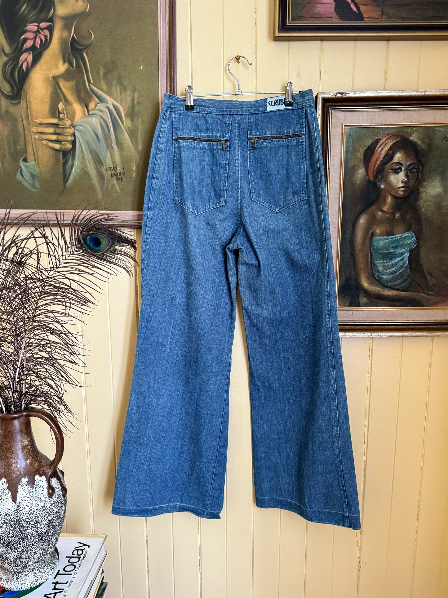 VINTAGE 1970S SCRUBB HIGH WAIST WIDE LEG FLARED DENIM JEANS S/M