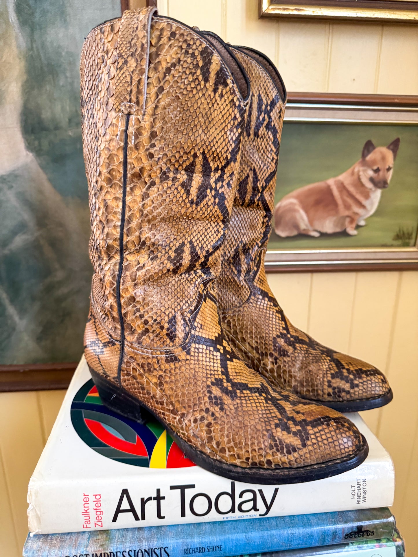 VINTAGE RARE EXOTIC PYTHON SNAKESKIN LEATHER WESTERN BOOTS 9/40