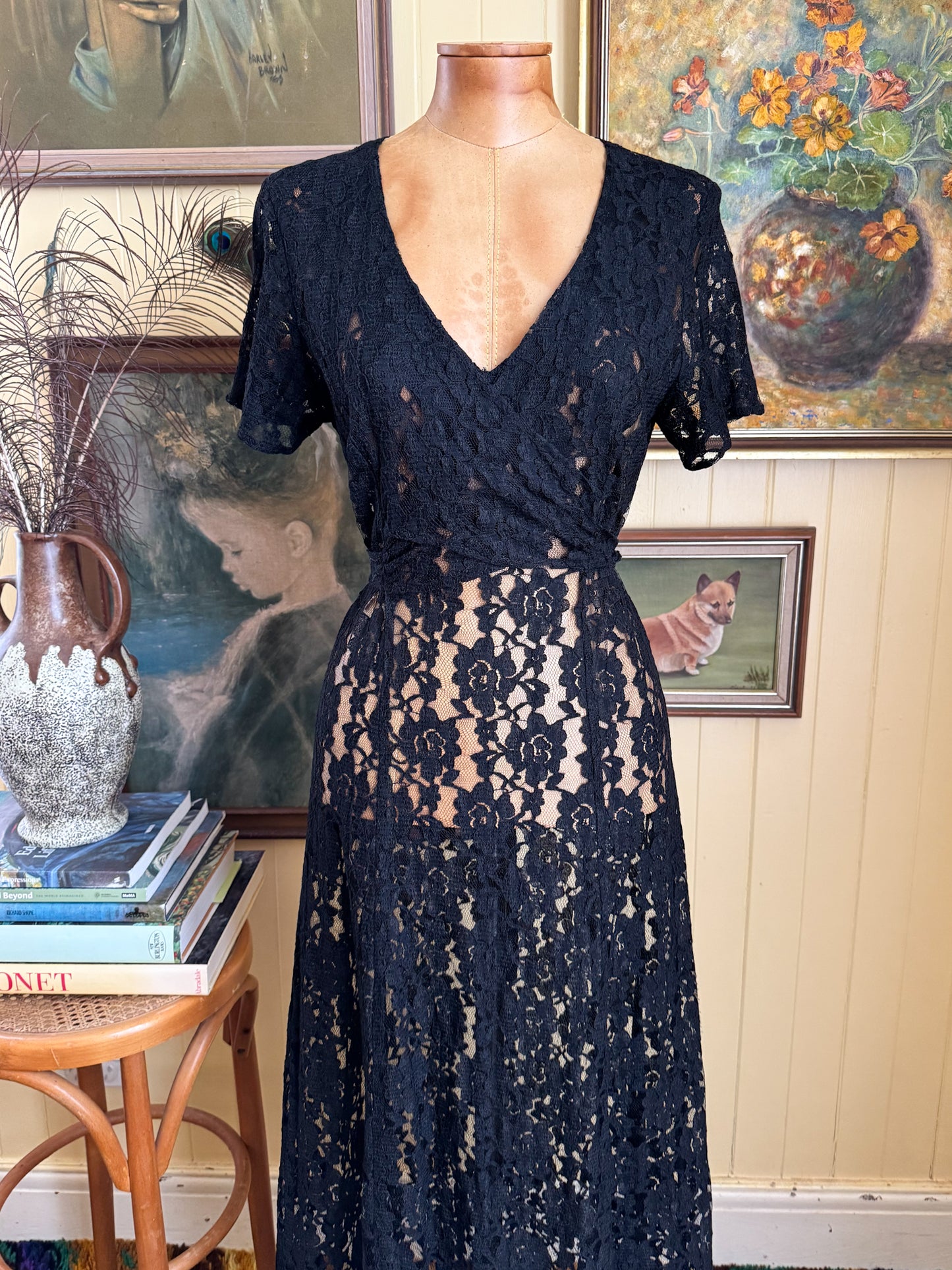 VINTAGE 1990S LOVE LOVE SHEER BLACK LACE WRAP FRONT MAXI DRESS S/M