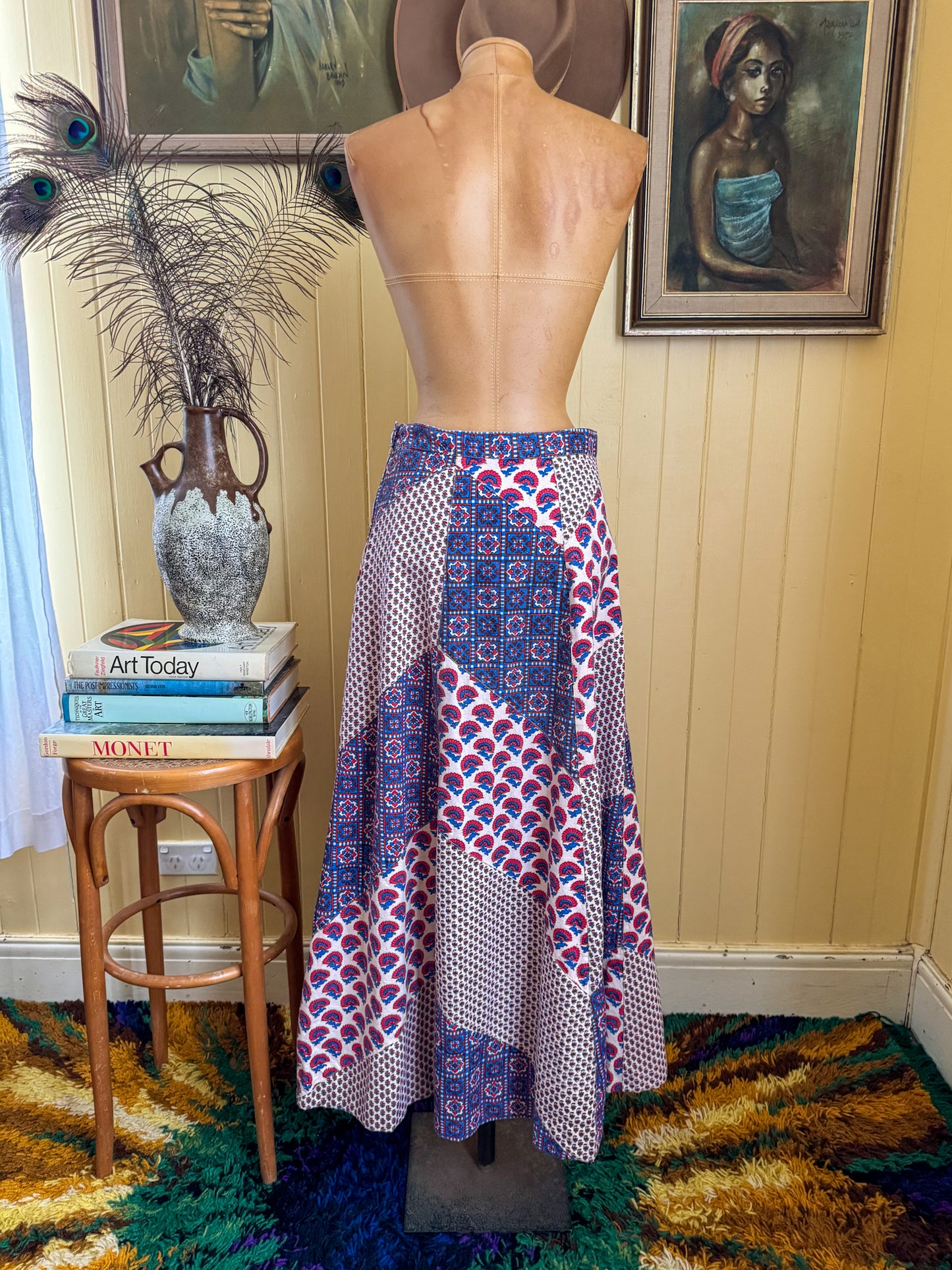 VINTAGE 1970S CRYSTAL COTTON PATCHWORK PRINT A-LINE MAXI SKIRT M