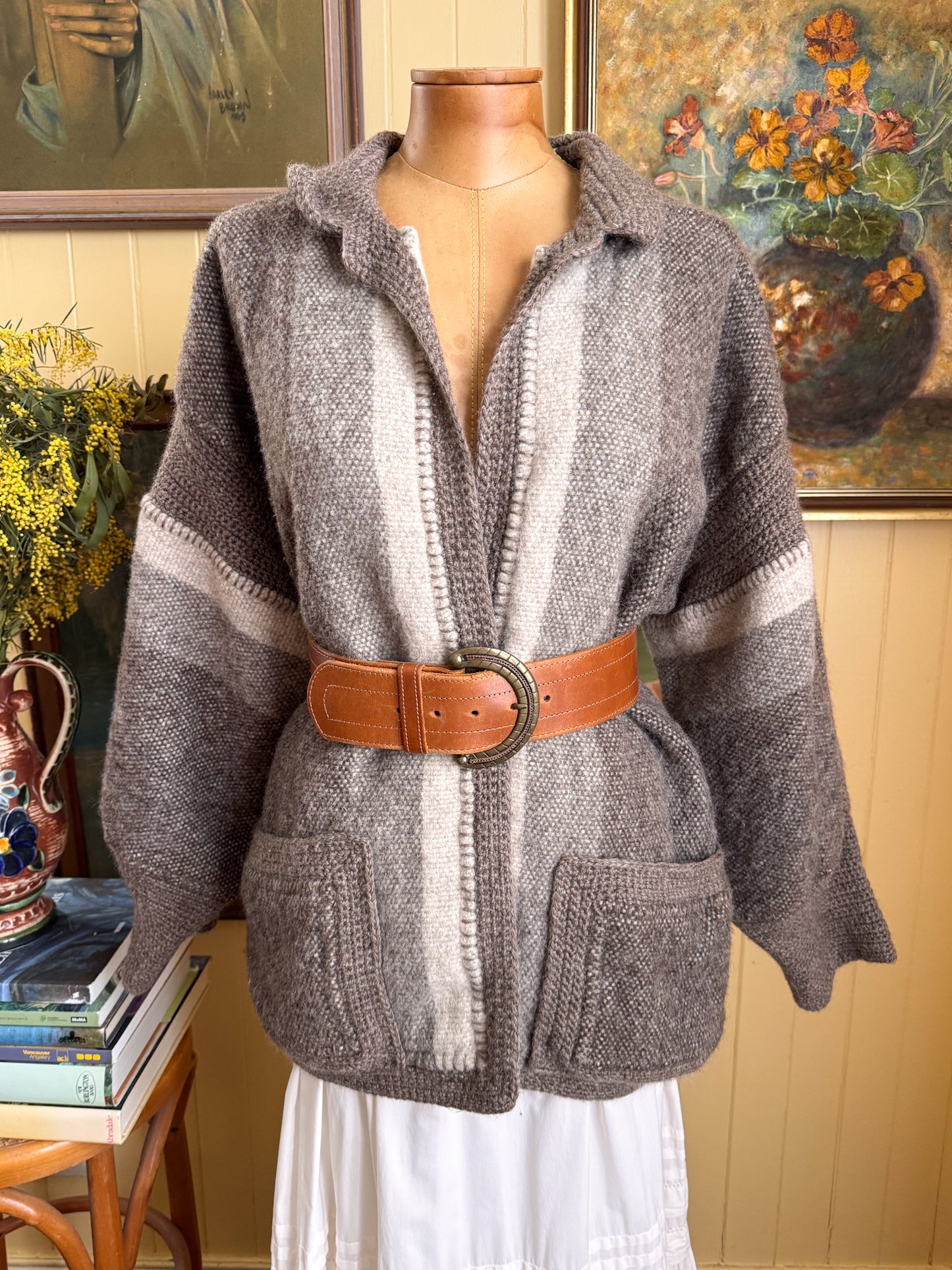VINTAGE 1980S NEW ZEALAND ESTHER SHERRIFF WOOL CROCHET KNIT CARDIGAN JACKET M/L