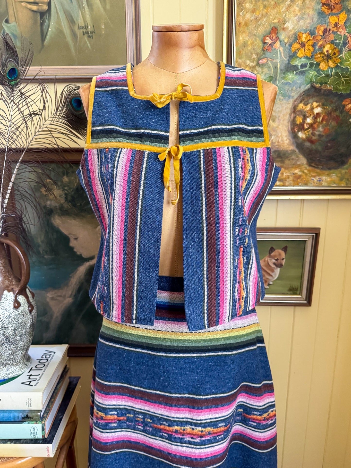 VINTAGE 1970S DANISH KILIM PRINT TWO PIECE TOP + MAXI SKIRT SET S