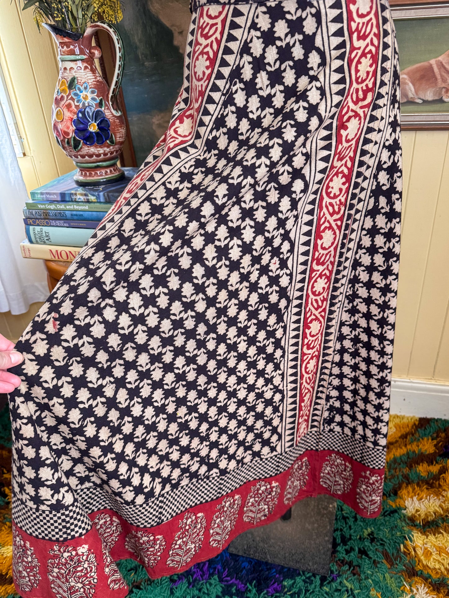 VINTAGE 1970S IVI INDIAN COTTON BLOCK PRINT WRAP MAXI SKIRT M