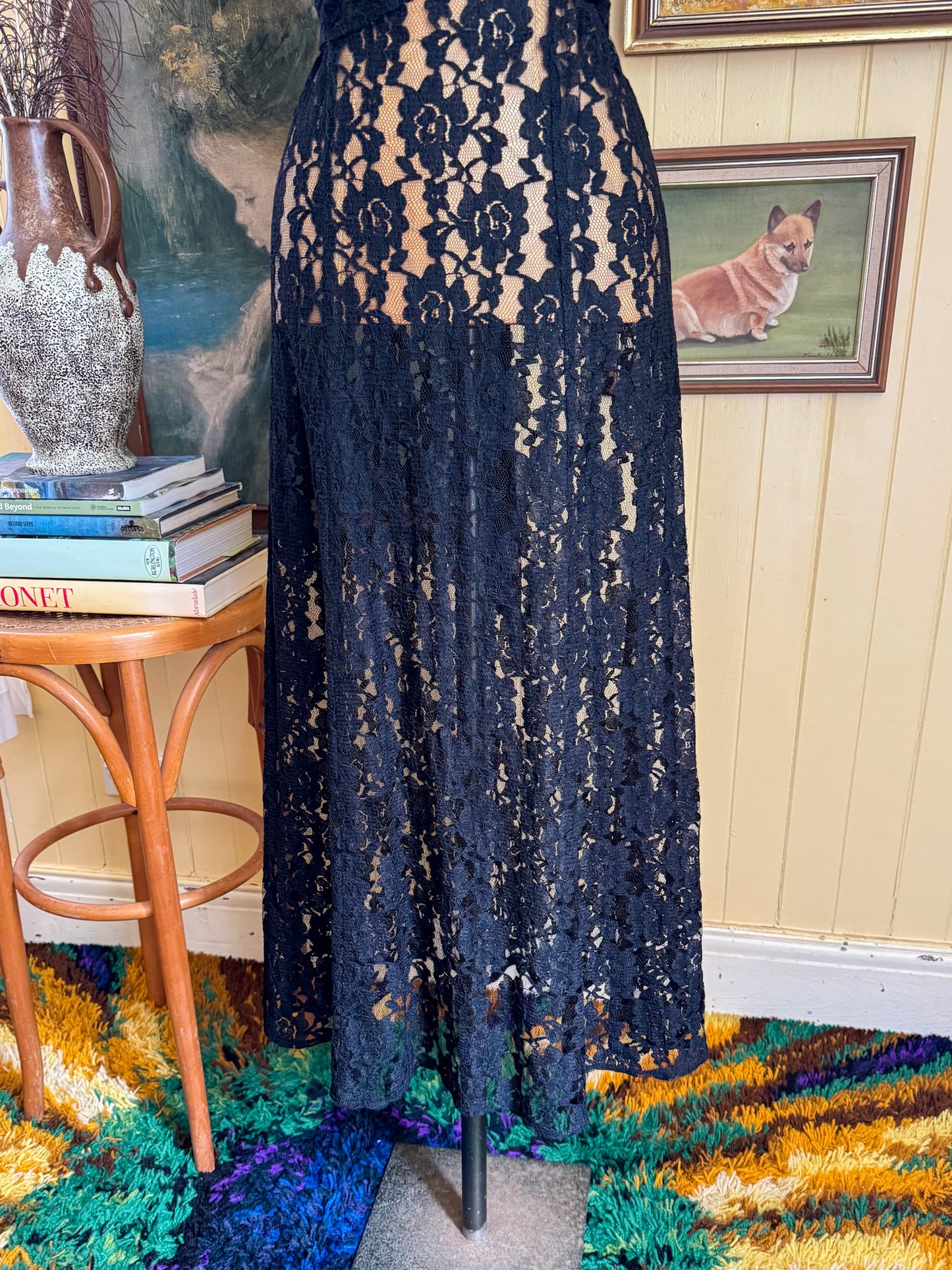 VINTAGE 1990S LOVE LOVE SHEER BLACK LACE WRAP FRONT MAXI DRESS S/M