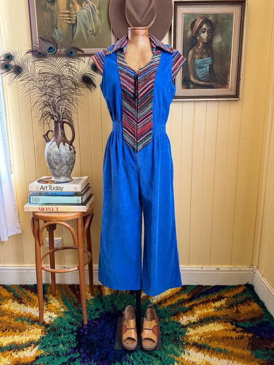 VINTAGE 1970S  CASUAL CORNER COTTON CORDUROY WIDE LEG JUMPSUIT S/M
