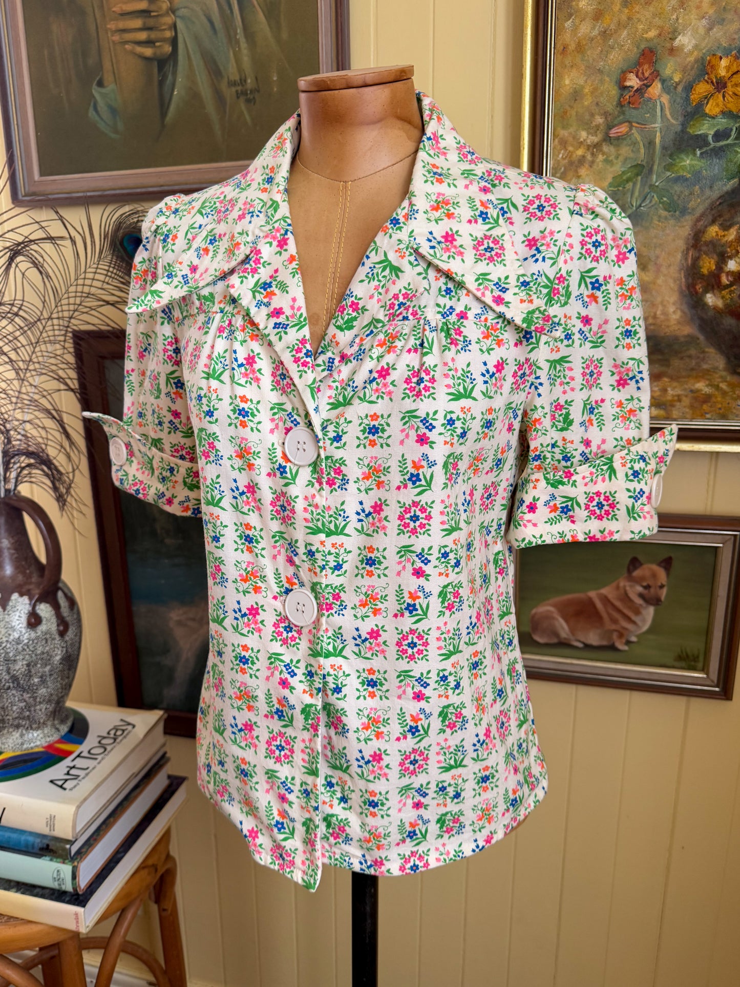 VINTAGE 1970S BINDI OF MELBOURNE COTTON FLORAL PRINT COLLARED SHIRT JACKET S/M