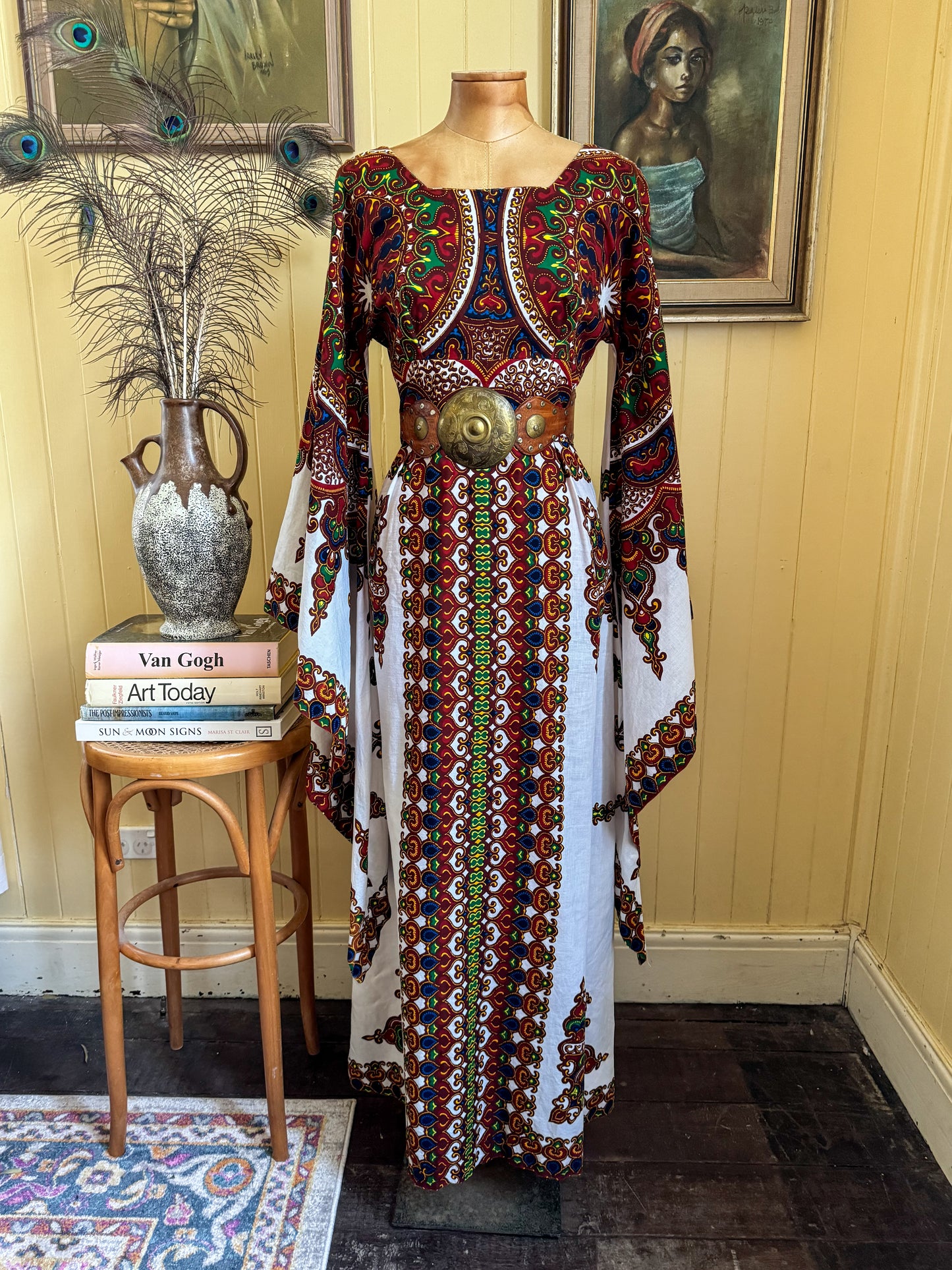 VINTAGE 1970S TWIGA BOU BOUDIMA COTTON PRINT ANGEL SLEEVE MAXI DRESS S