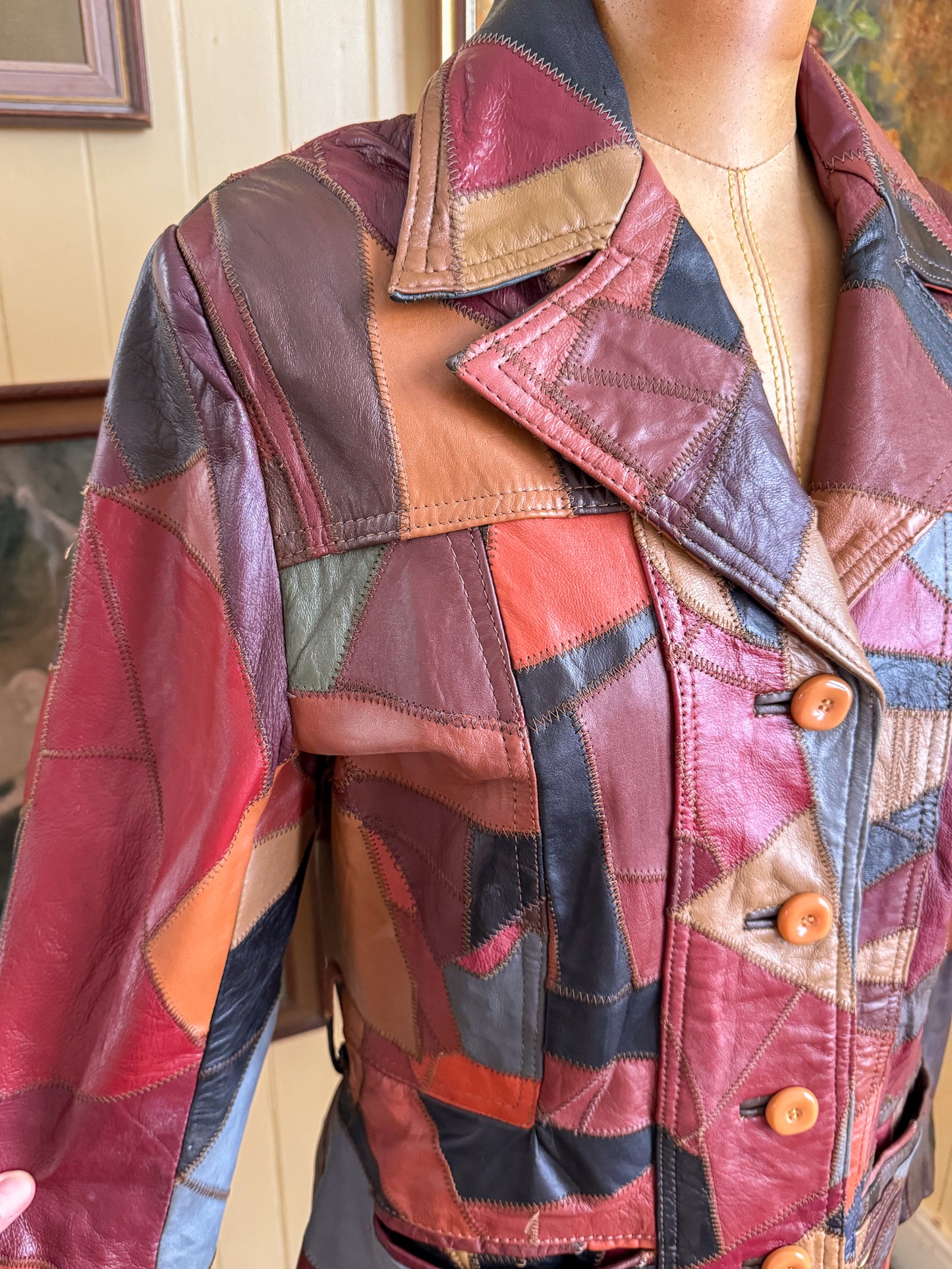 VINTAGE 1970S KOREAN PATCHWORK LEATHER BLAZER JACKET S/M