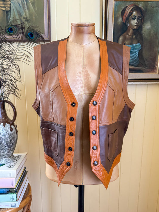 VINTAGE 1970S STEPHEN DATTNER PATCHWORK LEATHER WAISTCOAT VEST S/M