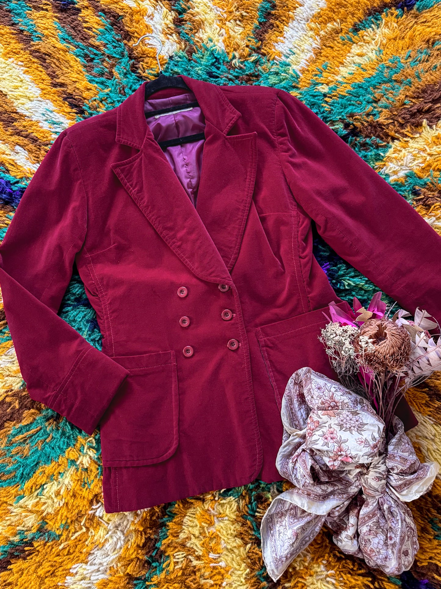 VINTAGE 1970S PEPPERS BURGUNDY VELVET BLAZER JACKET M