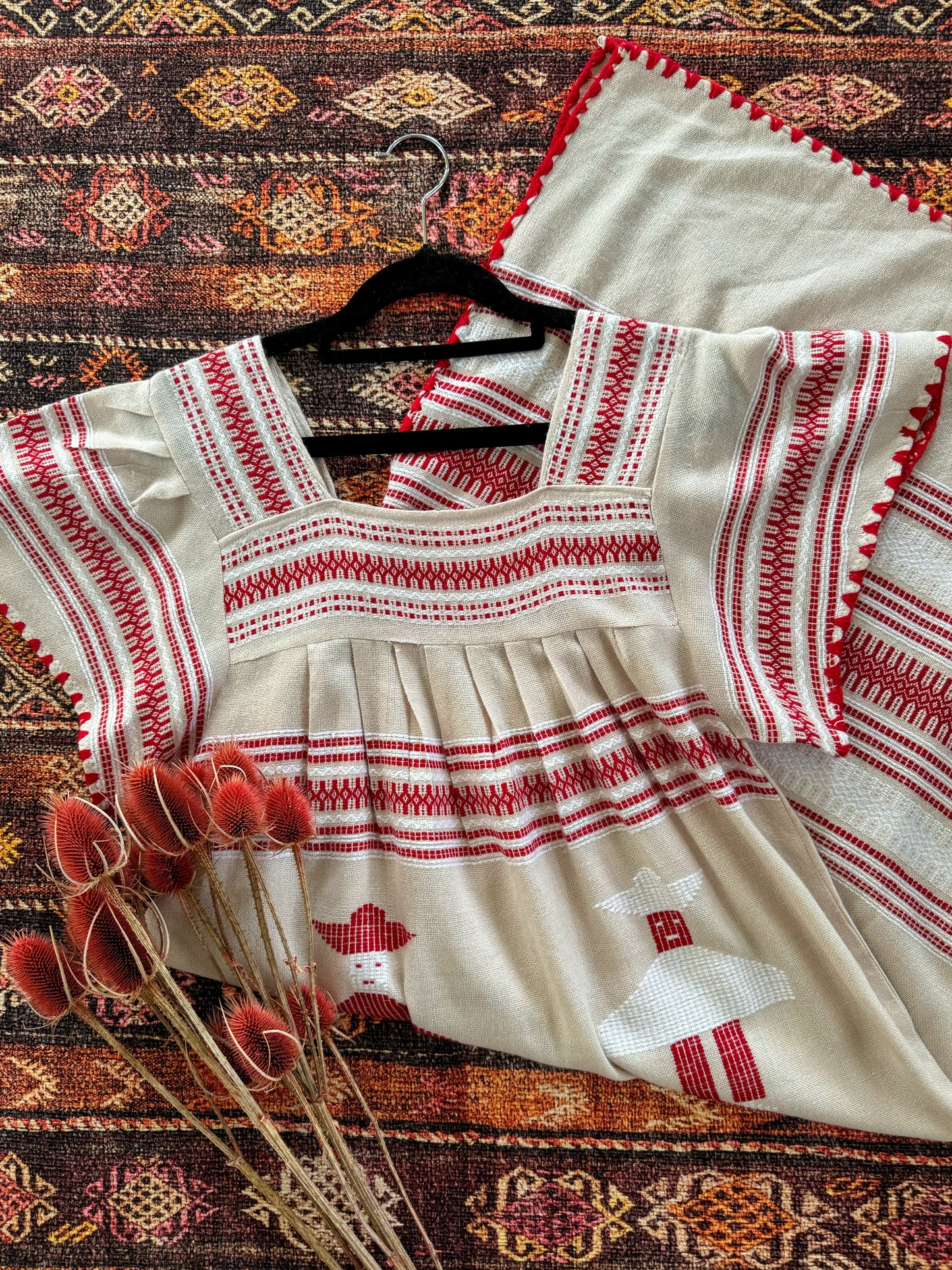 VINTAGE 1990S MEXICAN EMBROIDERED HUIPIL MIDI SMOCK DRESS S/M