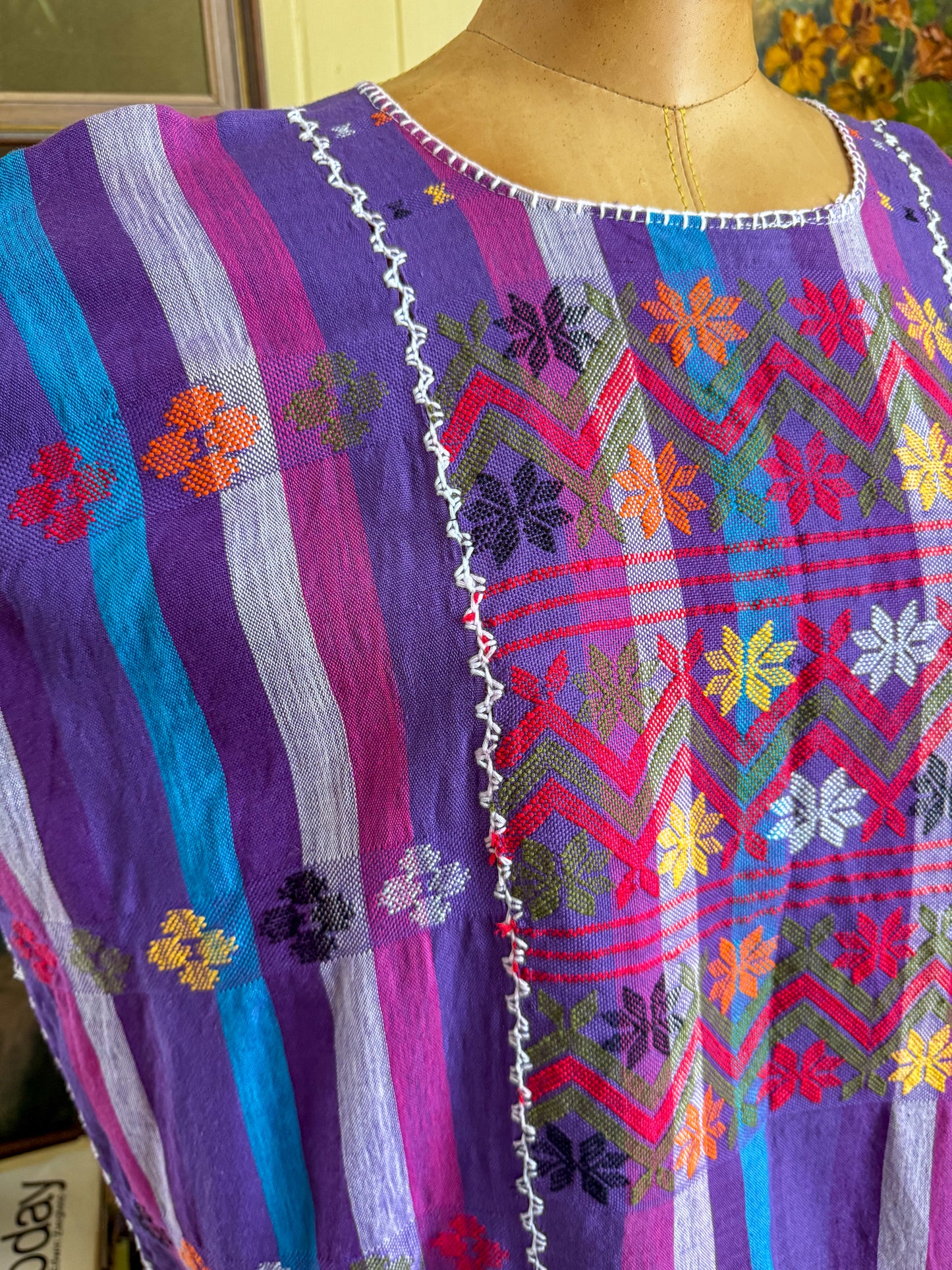 HANDMADE MEXICAN STRIPED WOVEN COTTON EMBROIDERED HUIPIL DRESS S/M/L