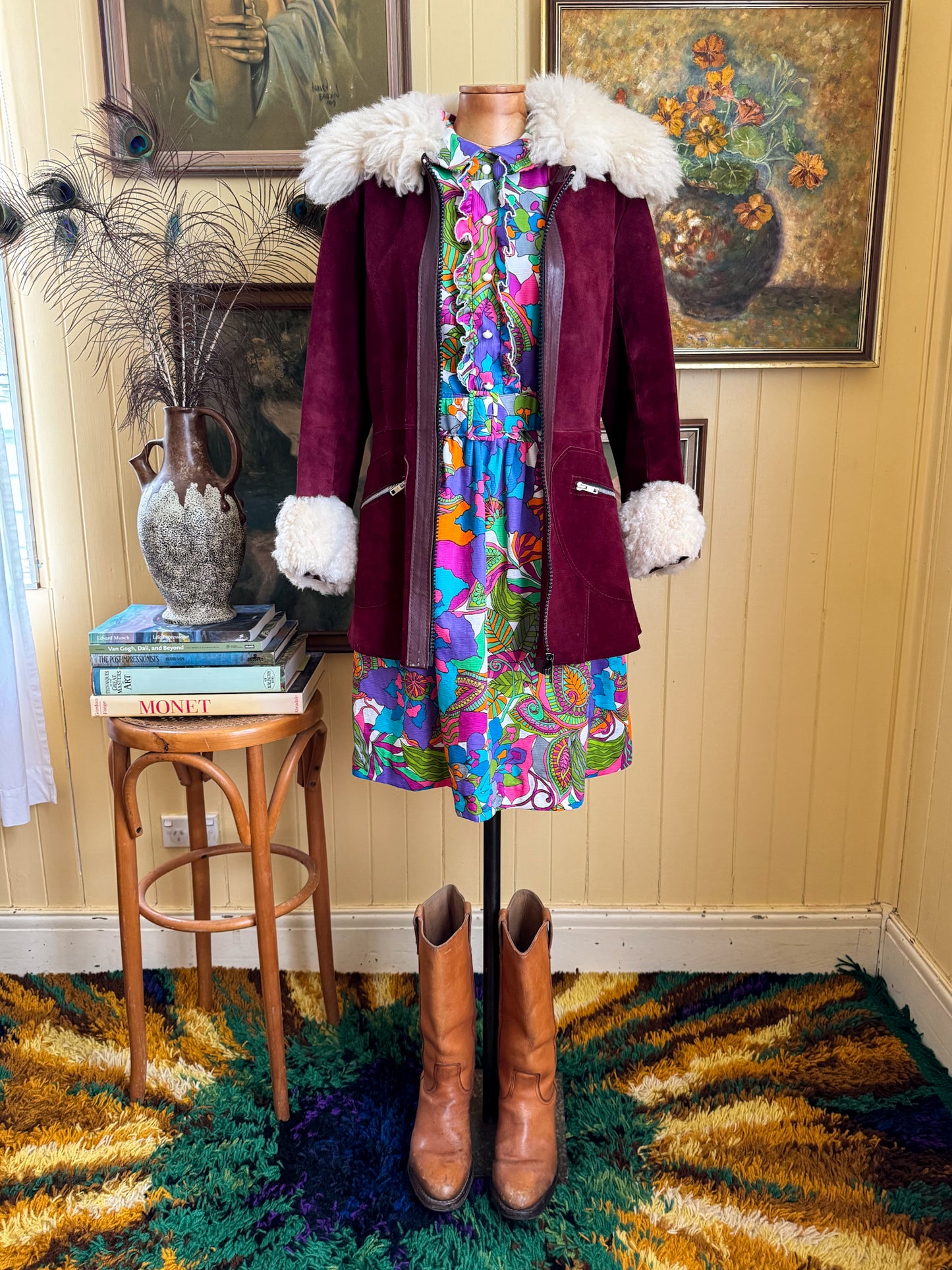 VINTAGE 1960S CINDY JUNIORS POLY FLOWER PRINT ZIP RUFFLE FRONT BELTED PARTY DRESS M