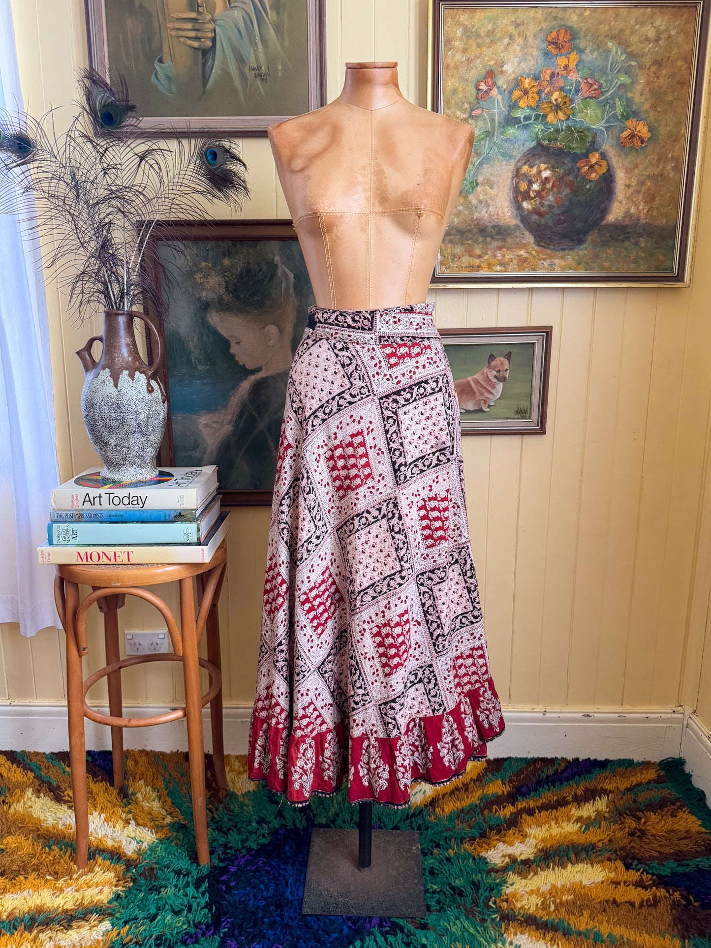 VINTAGE 1980S INDIAN COTTON BLOCK PRINT WRAP RUFFLE MIDI SKIRT S/M