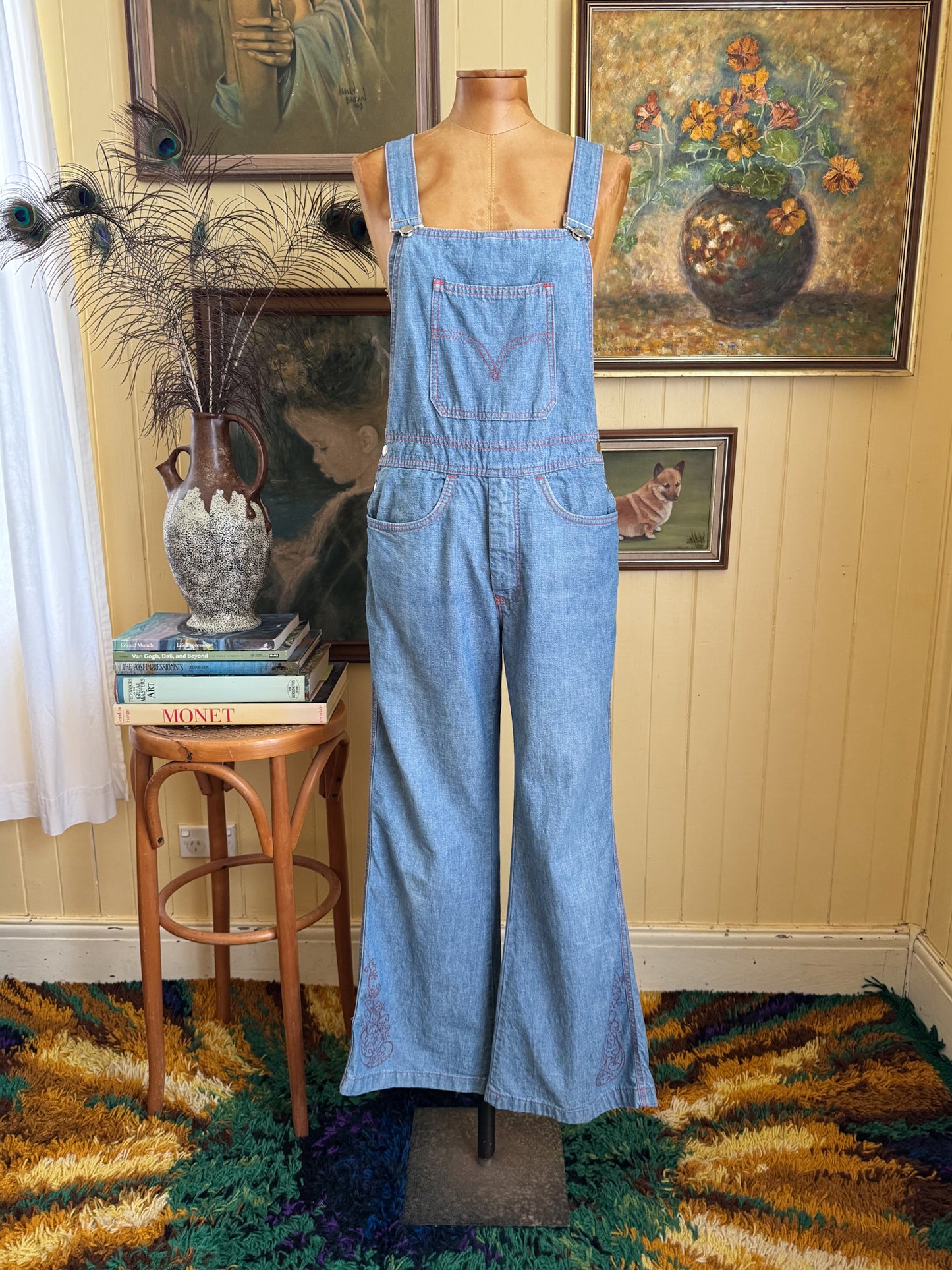VINTAGE 1970S AMCO COTTON DENIM KICK FLARE DUNGAREES OVERALLS XS/S