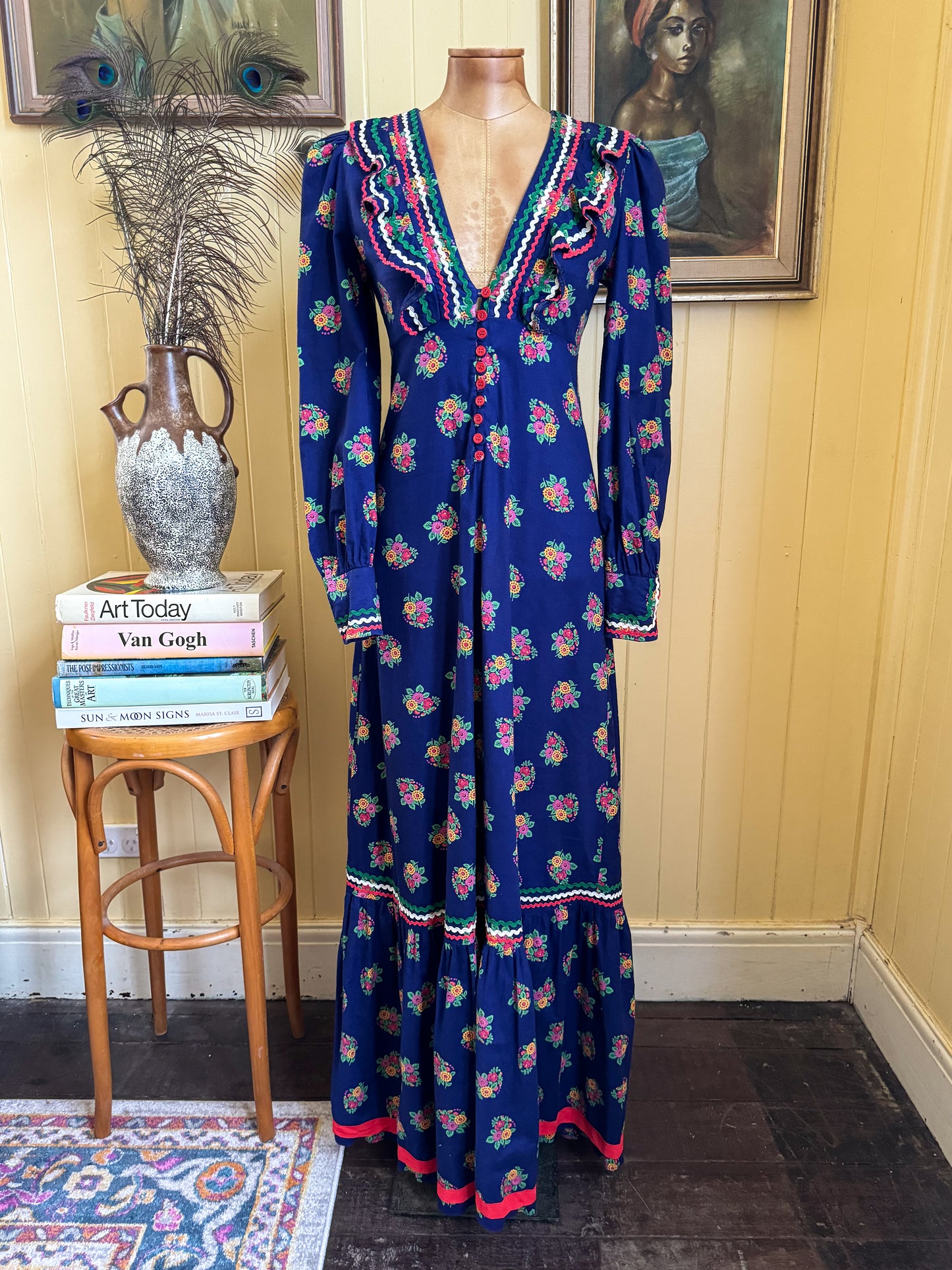 VINTAGE 1970S SALLY BROWNE COTTON FLORAL MAXI PRAIRIE DRESS XS