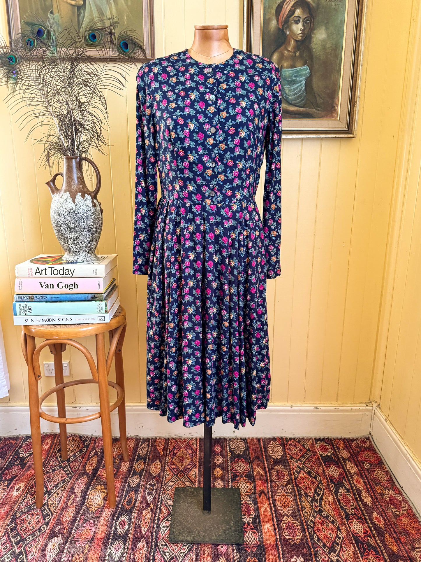 VINTAGE 1990S LAURA ASHLEY VISCOSE BUTTON THROUGH PRAIRIE DRESS S/M